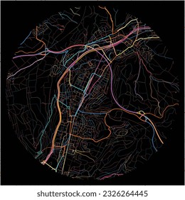 Map of Lorrach, Baden-Wuerttemberg with all major and minor roads, railways and waterways. Colorful line art on black background.