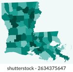 Map of Louisiana with counties. Just a simple state border map with county division. Teal color palette. Flat State of Louisiana shape with administrative division. Vector illustration.