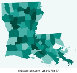 Mapa de Louisiana com condados. Apenas um simples mapa da fronteira do estado com a divisão do condado. Paleta de cores azul-petróleo. Forma plana do estado da Louisiana com divisão administrativa. Ilustração vetorial.