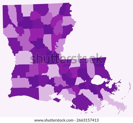 Map of Louisiana with counties. Just a simple state border map with county division. Purple color palette. Blank State of Louisiana shape with administrative division. Vector illustration.