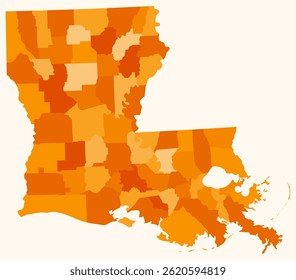 Map of Louisiana with counties. A simple state border map with county divisions in an orange color palette. Flat design vector illustration.