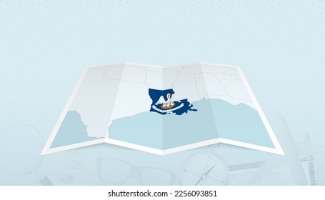Map of Louisiana with the flag of Louisiana in the contour of the map on a trip abstract backdrop. Travel illustration.