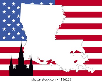 map of Louisiana on American flag with St Louis cathedral new Orleans