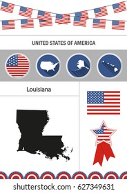 Map of Louisiana. Set of flat design icons nfographics elements with American symbols.