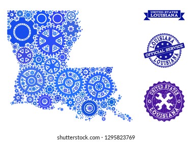 Map of Louisiana State created with blue cog symbols, and isolated scratched watermarks for official repair services.