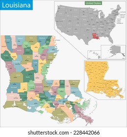 Karte des Louisiana-Zustands, entworfen in Illustration mit den Bezirken und den Provinzsitzen