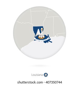 Map of Louisiana State and flag in a circle. Louisiana US State map contour with flag. Vector Illustration.