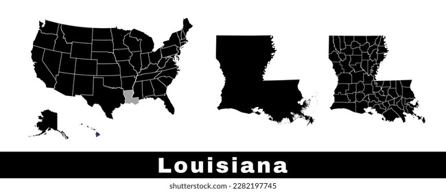 Mapa del estado de Luisiana, EEUU. Conjunto de mapas de Luisiana con borde, condados y mapa de estados de EE. Ilustración vectorial de color blanco y negro.