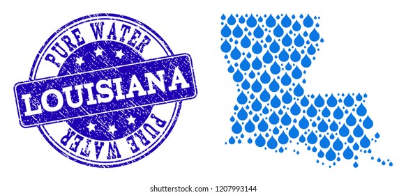 Map of Louisiana State vector mosaic and Pure Water grunge stamp. Map of Louisiana State designed with blue water dews. Seal with grunge rubber texture for clear drinking water.