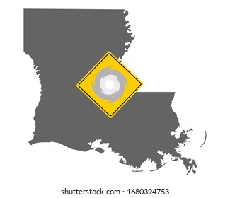 Map of Louisiana and traffic sign hurricane warning