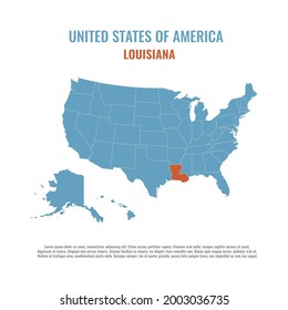 Map of Louisiana. USA modern map with federal states in blue color isolated on white background vector illustration. Eps 10