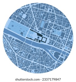 Map of Louvre location in Paris. Circle map with buildings.