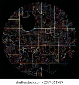 Map of Loveland, Colorado with all major and minor roads, railways and waterways. Colorful line art on black background.