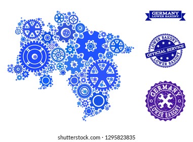Map of Lower Saxony State designed with blue cog symbols, and isolated grunge stamps for official repair services.