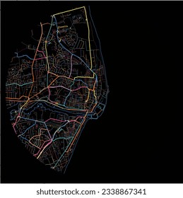 Map of Lowestoft, East of England with all major and minor roads, railways and waterways. Colorful line art on black background.