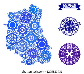 Map of Lublin Province formed with blue engine symbols, and isolated rubber watermarks for official repair services.