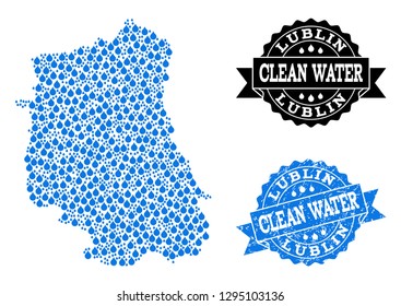 Map of Lublin Province vector mosaic and clean water grunge stamp. Map of Lublin Province created with blue liquid raindrops. Seal with grunge rubber texture for clear drinking water.