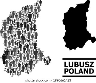 Map of Lubusz Province for social promotion. Vector population collage. Collage map of Lubusz Province constructed of social pictograms. Demographic concept in dark grey color tinges.