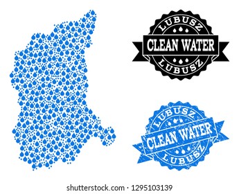 Map of Lubusz Province vector mosaic and clean water grunge stamp. Map of Lubusz Province composed with blue aqua raindrops. Seal with grunge rubber texture for clean drinking water.
