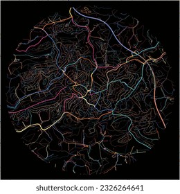 Map of Ludenscheid, North Rhine-Westphalia with all major and minor roads, railways and waterways. Colorful line art on black background.