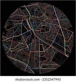 Map of Ludhiana, Punjab with all major and minor roads, railways and waterways. Colorful line art on black background.