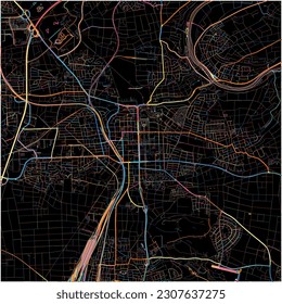 Map of Ludwigsburg, Baden-Wuerttemberg with all major and minor roads, railways and waterways. Colorful line art on black background.