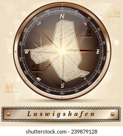 Map of Ludwigshafen-am-Rhein with borders in bronze