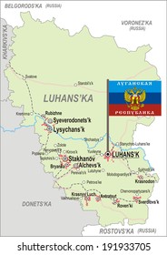 Map of Luhansk Oblast with major cities and roads and with flag of Luhansk People's Republic