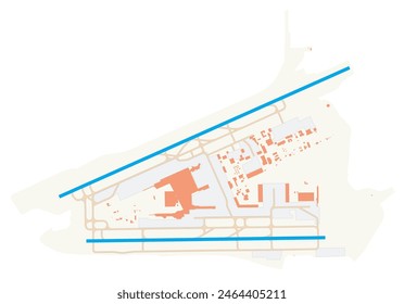 Map of Luis Munoz Marin International Airport (Puerto Rico). IATA-code: SJU. Airport diagram with runways, taxiways, apron, parking areas and buildings. Map Data from OpenStreetMap.