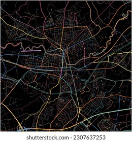 Map of Lunen, North Rhine-Westphalia with all major and minor roads, railways and waterways. Colorful line art on black background.