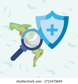 Map lupe and Covid 19 virus design of 2019 ncov cov coronavirus infection corona epidemic disease symptoms and medical theme Vector illustration