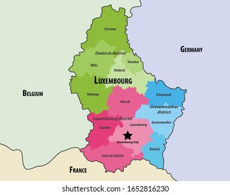 map of Luxembourg cantons colored by districts, with neighbouring countries. Vector illustration