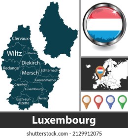 Map of Luxembourg with cantons and location on European map. Vector image