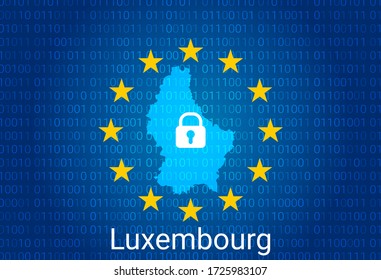 Map of Luxembourg, with lock and binary code background. europe union internet blocking, virus attack, privacy protect. vector illustration
