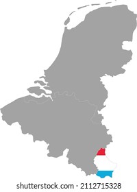 Map of Luxembourg with national flag within the gray map of Benelux peninsula