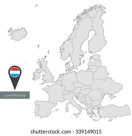 Map of Luxembourg with an official flag. Location in Europe