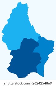 Mapa de Luxemburgo com regiões. Apenas um simples mapa de fronteira de país com divisão de região. Paleta de cores azul claro. Forma simples de Luxemburgo com divisão administrativa. Ilustração vetorial.