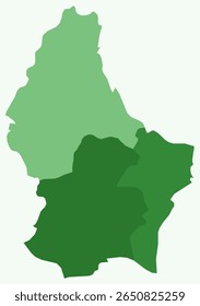 Map of Luxembourg with regions. Just a simple country border map with region division. Green color palette. Plain Luxembourg shape with administrative division. Vector illustration.