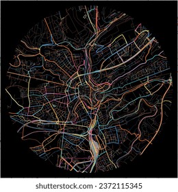 Map of LuxembourgCity, Luxembourg with all major and minor roads, railways and waterways. Colorful line art on black background.