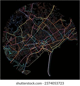 Map of Lynn, Massachusetts with all major and minor roads, railways and waterways. Colorful line art on black background.