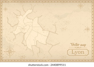 Landkarte von Lyon im alten Stil, braune Grafik im Retro-Fantasy-Stil. Stadt in Frankreich.