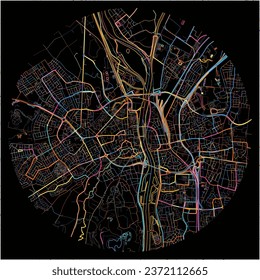 Map of Maastricht, Limburg with all major and minor roads, railways and waterways. Colorful line art on black background.