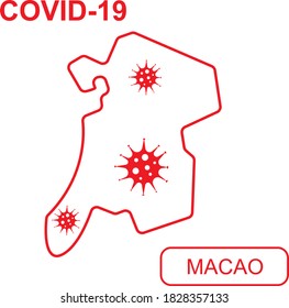 Map of Macao labeled "COVID-19".  Red outline map on a white background. Vector illustration of a virus, coronavirus, epidemiology.