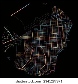 Map of Macapa with all major and minor roads, railways and waterways. Colorful line art on black background.