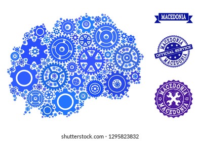 Map of Macedonia composed with blue gear components, and isolated scratched watermarks for official repair services. Vector abstract mosaic of map of Macedonia with repair symbols in blue hues.