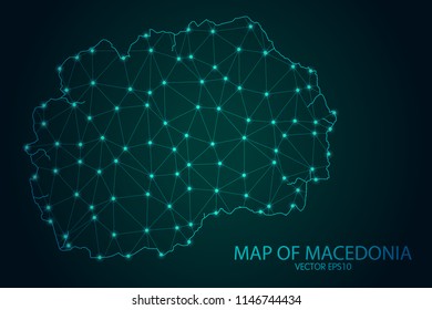 Map of Macedonia - With glowing point and lines scales on The Dark Gradient Background, 3D mesh polygonal network connections. Vector illustration eps10.