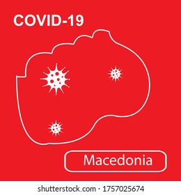 Map of Macedonia labeled "Epidemic and Quarantine COVID-19." White outline map of Macedonia on a red background. Vector illustration of a virus, coronavirus, epidemiology.