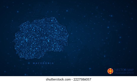 Map of Macedonia modern design with polygonal shapes on dark blue background. Business wireframe mesh spheres from flying debris. Blue structure style vector illustration concept.