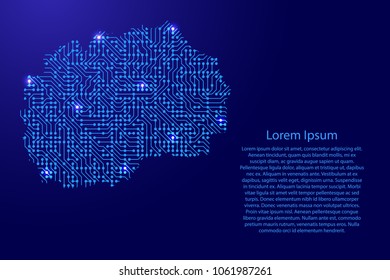 Map Macedonia from printed board, chip and radio component with blue star space on the contour for banner, poster, greeting card, of vector illustration.