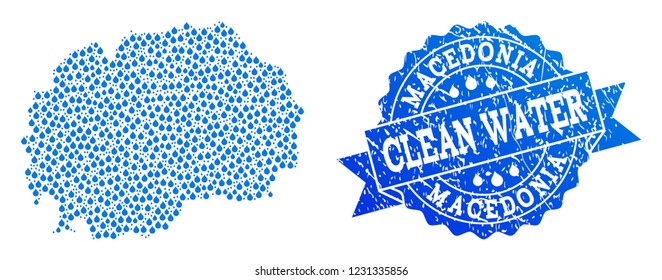 Map of Macedonia vector mosaic and clean water grunge stamp. Map of Macedonia designed with blue aqua tears. Seal with distress rubber texture for natural drinking water.